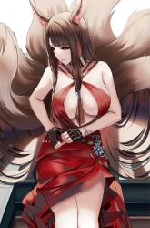 Rule 34 | 1girl, akagi (azur lane), akagi (ruby-laced beauty) (azur lane), akagi (ruby-laced beauty) (azur lane), animal ears, azur lane, black choker, black gloves, breasts, brown eyes, brown hair, choker, dress, fingerless gloves, fox ears, fox tail, gloves, highres, large breasts, long hair, looking at viewer, multiple tails, nicky w, official alternate costume, red dress, simple background, smile, solo, tail, thighs, white background