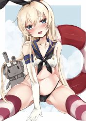 Rule 34 | 1girl, 1other, black hairband, black panties, blonde hair, chigasaki yukari, commentary request, cowboy shot, crop top, elbow gloves, gloves, grey eyes, hairband, highleg, highleg panties, highres, kantai collection, lifebuoy, long hair, looking at viewer, no pants, panties, rensouhou-chan, shimakaze (kancolle), sitting, striped clothes, striped thighhighs, swim ring, thighhighs, underwear, white gloves