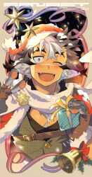 1boy animal_ears another_eidos-r artist_name bell blush cat_boy cat_ears commentary_request fangs fingerless_gloves gloves hat lute_(another_eidos) male_focus multicolored_hair one_eye_closed open_mouth pawpads sagami_jon santa_hat scar scar_on_face scar_on_nose smile star_(symbol) v