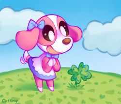 Rule 34 | 1girl, animal crossing, animal ears, artist name, bow, bowtie, catknap, clover, cookie (animal crossing), day, dog ears, dog girl, dog tail, dress, furry, furry female, grass, nintendo, open mouth, sky, solo, tail