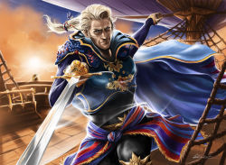Rule 34 | 1990s (style), 1boy, aircraft, airship, armor, ben wilsonham, blonde hair, cape, commentary, edgar roni figaro, final fantasy, final fantasy vi, male focus, manly, ponytail, ship, signature, solo, sword, watercraft, weapon