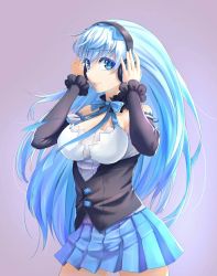 Rule 34 | 1girl, bad id, bad pixiv id, bare shoulders, blue bow, blue eyes, blue hair, blue ribbon, blue skirt, bow, breasts, collar, cowboy shot, detached sleeves, guam (warship girls r), hands on headphones, headphones, long hair, looking at viewer, looking to the side, matching hair/eyes, pleated skirt, purple background, ribbon, skirt, solo, standing, very long hair, waistcoat, warship girls r, xiexilai