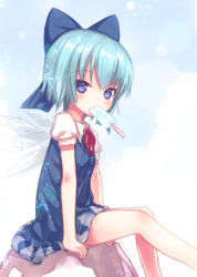 Rule 34 | 1girl, bad id, bad pixiv id, blue eyes, blue hair, blush, bow, child, cirno, food, hair bow, kiira, looking at viewer, matching hair/eyes, popsicle, short hair, sitting, solo, touhou, wings