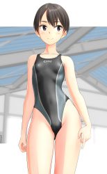 Rule 34 | 1girl, absurdres, black hair, black one-piece swimsuit, breasts, brown eyes, clothes writing, competition swimsuit, contrapposto, cowboy shot, grey one-piece swimsuit, highres, looking to the side, one-piece swimsuit, original, short hair, small breasts, smile, solo, standing, swimsuit, takafumi, two-tone swimsuit