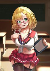 Rule 34 | 1girl, blonde hair, blush, breasts, classroom, collarbone, glasses, greyfish13, hair ornament, hairclip, highres, indoors, large breasts, looking at viewer, midriff, navel, open mouth, original, pencil, pleated skirt, plump, red skirt, school uniform, shirt, short sleeves, skirt, solo, thighhighs, thighs, uniform, walking, white shirt, zettai ryouiki