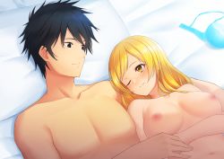 Rule 34 | 1boy, 1girl, absurdres, bed, bed sheet, black eyes, black hair, blonde hair, blue bra, blush, bra, unworn bra, breasts, commission, commissioner upload, completely nude, couple, crossover, hair down, hetero, highres, holding hands, implied after sex, kamijou touma, kirou (kiruyuu1210), long hair, looking at another, mahou shoujo madoka magica, mahou shoujo madoka magica (anime), medium breasts, navel, nipples, non-web source, nude, one eye closed, pillow, skeb commission, smile, spiked hair, toaru majutsu no index, tomoe mami, underwear, yellow eyes