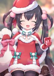 Rule 34 | 1girl, :d, ^ ^, black hair, black sleeves, black thighhighs, blurry, blurry background, blush, bow, box, brown footwear, capelet, christmas, closed eyes, collarbone, commentary request, depth of field, detached sleeves, dress, facing viewer, fur-trimmed capelet, fur-trimmed dress, fur-trimmed gloves, fur-trimmed headwear, fur trim, gift, gift box, gloves, green bow, hat, holding, holding gift, holding sack, long hair, long sleeves, multicolored hair, nanopai kakumeikokonoyu, open mouth, original, pink hair, red capelet, red dress, red gloves, red hat, sack, santa costume, santa hat, signature, smile, solo, thighhighs, twintails, twitter username, two-tone hair, very long hair
