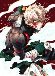 Rule 34 | 1boy, bakugou katsuki, bandaged arm, bandages, battle damage, blonde hair, blood, blood from mouth, blood on clothes, blood on face, bodysuit, boku no hero academia, clenched teeth, dust, explosion, explosive, gloves, grenade, hair between eyes, highres, knee pads, looking at viewer, male focus, multicolored clothes, multicolored gloves, red background, scowl, serious, sideburn004, smoke, solo, sparks, spiked hair, superhero costume, teeth, torn clothes, yellow eyes
