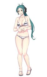 Rule 34 | 1girl, alternate costume, antenna hair, aqua hair, bare arms, bare legs, bare shoulders, bikini, blush, breasts, collarbone, commentary request, green eyes, green hair, hair ribbon, halterneck, highres, irako (kancolle), kantai collection, large breasts, long hair, ribbon, sandals, shiny clothes, silver bikini, simple background, skindentation, solo, standing, string bikini, sweatdrop, swimsuit, white background, yuuji (and)
