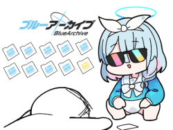 Rule 34 | 1girl, 1other, doodle sensei (blue archive), arona (blue archive), barefoot, blue archive, blue hair, blue shirt, bow, braid, chibi, commentary request, copyright name, gameplay mechanics, hair over one eye, hair ribbon, hairband, halo, long sleeves, multicolored hair, nyaru (nyaru 4126), pink hair, puffy long sleeves, puffy sleeves, ribbon, sailor collar, sensei (blue archive), shirt, simple background, single braid, skirt, squatting, streaked hair, sunglasses, white background, white bow, white hairband, white ribbon, white sailor collar, white skirt