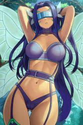 Rule 34 | 1girl, arms up, blush, breasts, breasts apart, butterfly hair ornament, butterfly wings, cameltoe, covered eyes, digimon, digimon (creature), digimon frontier, facial mark, fairimon, forest, garter straps, gloves, gluteal fold, hair intakes, hair ornament, highres, insect wings, lasterk, legs together, long hair, medium breasts, nature, navel, outdoors, purple hair, purple thighhighs, revealing clothes, solo, standing, teeth, thigh gap, thighhighs, tree, visor, wings