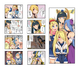 Rule 34 | 4girls, :d, aiba-tsukiko, alternate hairstyle, apple, armlet, black hair, blonde hair, blue eyes, blue gloves, blue hair, blush, blush stickers, bracelet, braid, breasts, cleavage, closed eyes, comic, cosplay, dress, egyptian, elbow gloves, female focus, food, fruit, fur trim, gloves, golden apple, grin, hair down, hair ornament, hair over one eye, hair tubes, hairband, hat, head bump, highres, idunn &amp; idunna, idunn (p&amp;d) (cosplay), isis (p&amp;d), jewelry, long hair, looking at another, medium breasts, multiple girls, necklace, open mouth, outstretched arm, pandora (p&amp;d), pandora (p&amp;d) (cosplay), ponytail, puzzle &amp; dragons, red eyes, scarf, simple background, smile, standing, translation request, twin braids, twintails, white background