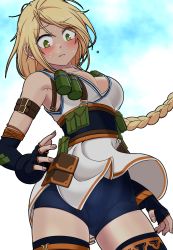 Rule 34 | 1girl, arm belt, blonde hair, blue shorts, blush, braid, braided ponytail, dungeon and fighter, explosive, fingerless gloves, from below, gloves, grenade, gunner (dungeon and fighter), highres, pouch, sash, shorts, solo, spitfire (dungeon and fighter), sss (komojinos3), thighhighs, upper body