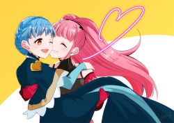 Rule 34 | 2girls, blue hair, braid, brown eyes, carrying, closed mouth, crown braid, dress, earrings, closed eyes, female focus, fire emblem, fire emblem: three houses, gloves, hilda valentine goneril, jewelry, long hair, marianne von edmund, multiple girls, nintendo, one eye closed, open mouth, pink hair, ponytail, princess carry, red gloves, simple background, twitter username, yuri, yutohiroya
