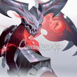 Rule 34 | 1boy, armor, commission, demon, demon boy, demon horns, fiiiiiiisher7, glowing, glowing eyes, gradient background, grey background, highres, holding, holding scythe, holding weapon, horns, league of legends, looking at viewer, male focus, open mouth, red eyes, rhaast, scythe, sharp teeth, shoulder armor, simple background, solo, teeth, third eye, upper body, v-shaped eyes, weapon