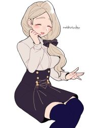 Rule 34 | 1girl, artist name, black ribbon, black skirt, blonde hair, blue thighhighs, blush, breasts, buttons, closed eyes, commentary request, do m kaeru, fire emblem, fire emblem: three houses, garreg mach monastery uniform, hair over shoulder, hair ribbon, hand on own cheek, hand on own face, high-waist skirt, invisible chair, large breasts, long hair, long sleeves, low ponytail, mercedes von martritz, nintendo, open mouth, ribbon, shirt, simple background, sitting, skirt, smile, solo, striped ribbon, thighhighs, white background, white shirt