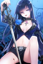 Rule 34 | 1girl, ahoge, anj inyghem, armband, belt, bleeding, blood, blue hair, breasts, choker, cleavage, collarbone, fangs, flower, grin, head tilt, highres, holding, jewelry, lace, leg up, long hair, midriff, nail polish, navel, open clothes, open mouth, purple eyes, rose, salt (salty), scan, shorts, sitting, smile, solo, sword, sword girls, tongue, tongue out, very long hair, weapon