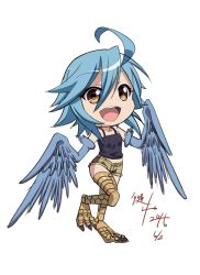 Rule 34 | 1girl, :d, absurdres, ahoge, bare shoulders, blue hair, chibi, claws, dated, full body, hair between eyes, harpy, highres, kagiyama (clave), looking at viewer, monster girl, monster musume no iru nichijou, open mouth, papi (monster musume), short shorts, shorts, signature, simple background, smile, solo, standing, standing on one leg, tank top, white background, winged arms, wings