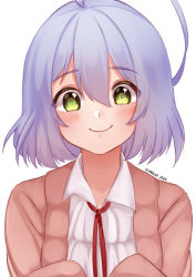Rule 34 | 1girl, ahoge, blush, closed mouth, collared shirt, commentary, dated, english commentary, green eyes, huge ahoge, jacket, looking at viewer, pink jacket, purple hair, shirt, short hair, signature, simple background, smile, solo, temachii, upper body, white background, white shirt, wing collar
