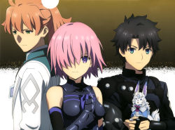 Rule 34 | 1girl, 2boys, absurdres, aqua inc., armor, brown hair, creature, fate/grand order, fate (series), fou (fate), fujimaru ritsuka (male), highres, holding, holding creature, looking at viewer, magazine scan, mash kyrielight, multiple boys, newtype, official alternate costume, official art, pink hair, romani archaman, scan, short hair, textless version, two-tone background