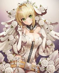 Rule 34 | 1girl, ahoge, bad id, bad twitter id, bare shoulders, belt, blush, breasts, cleavage, closed mouth, cowboy shot, detached collar, detached sleeves, elbow gloves, eyes visible through hair, fate/grand order, fate (series), flower, gambe, gloves, green eyes, hair between eyes, hair flower, hair intakes, hair ornament, highres, large breasts, leotard, lock, looking at viewer, nero claudius (bride) (fate), nero claudius (bride) (second ascension) (fate), nero claudius (fate), nero claudius (fate) (all), rose, simple background, smile, solo, sparkle, standing, v-shaped eyebrows, veil, white flower, white gloves, white leotard, white rose, zipper