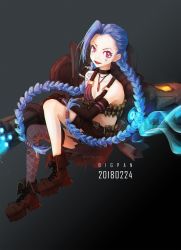 Rule 34 | 1girl, absurdres, arm tattoo, belt, bikini, bikini top only, blue hair, blush, boots, braid, breasts, brown gloves, bullets, choker, dated, fishnet thighhighs, fishnets, full body, gloves, gradient background, highres, jinx (league of legends), league of legends, long hair, looking at viewer, midriff, pink eyes, short shorts, shorts, simple background, single thighhigh, small breasts, smile, solo, swimsuit, tagme, tattoo, thighhighs, twin braids, very long hair, weapon