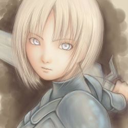 Rule 34 | 123 (tyamaguch), 1girl, armor, bad id, bad pixiv id, blonde hair, clare (claymore), claymore (series), claymore (sword), grey eyes, portrait, short hair, sketch, solo, sword, tyamaguch, weapon
