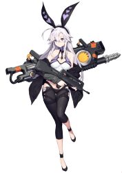 Rule 34 | 1girl, bare shoulders, blue eyes, breasts, character request, counter:side, full body, gun, hair ornament, high heels, highres, holding, holding gun, holding weapon, large breasts, long hair, medium breasts, official art, rabbit hair ornament, rivet (counter:side), smile, solo, tachi-e, transparent background, weapon, white hair