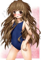 Rule 34 | 00s, 1girl, aisaka taiga, bad id, bad pixiv id, blastbeat, blush, brown eyes, brown hair, curly hair, flat chest, highres, long hair, one-piece swimsuit, open mouth, school swimsuit, solo, swimsuit, toradora!, very long hair