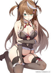 Rule 34 | 1girl, bare shoulders, bell, black panties, black shirt, black thighhighs, blue eyes, breasts, bridal gauntlets, brown hair, choker, cleavage, collarbone, commentary request, frills, highres, jingle bell, large breasts, long hair, looking at viewer, multicolored hair, no pants, no shoes, open mouth, original, paid reward available, panties, partial commentary, shirt, simao (x x36131422), simple background, sitting, skindentation, solo, strapless, strapless shirt, streaked hair, string panties, suspenders, thighhighs, thighs, two side up, underwear, white background, yokozuwari