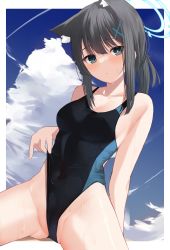 Rule 34 | 1girl, absurdres, animal ear fluff, animal ears, black eyes, black hair, black one-piece swimsuit, blue archive, blue sky, blush, breasts, closed mouth, cloud, collarbone, commentary request, competition swimsuit, covered navel, day, highleg, highres, looking at viewer, medium breasts, memekko, one-piece swimsuit, shiroko (blue archive), shiroko (swimsuit) (blue archive), sky, solo, swimsuit, thighs, wet