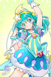 Rule 34 | 1girl, 2019, arm up, armpits, back bow, bloomers, blue bow, blue eyes, blue hair, blue neckwear, bow, choker, closed mouth, cure milky, earrings, hagoromo lala, hair ornament, jewelry, long hair, looking at viewer, magical girl, pointy ears, precure, puffy sleeves, see-through, shooting star hair ornament, signature, smile, solo, star (symbol), star earrings, star hair ornament, star in eye, star twinkle precure, symbol in eye, tsurugi hagane, underwear, wrist cuffs, yellow background