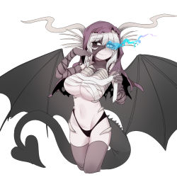 Rule 34 | 1girl, areola slip, bandages, black eyes, black panties, black skin, black souls, black tail, black wings, blue eyes, breasts, bright pupils, closed mouth, colored skin, cropped legs, dragon girl, dragon horns, dragon tail, dragon wings, furrowed brow, glowing, glowing eye, grey horns, groin, hair between eyes, heterochromia, highleg, highleg panties, highres, horns, jabberwock (black souls), large breasts, mismatched pupils, multicolored skin, navel, nyong nyong, panties, silver hair, simple background, smile, solo, stitched arm, stitched face, stitched neck, stitches, tail, torn clothes, underwear, white background, white pupils, wings, zombie, zombie dragon