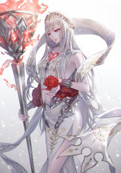 Rule 34 | 1girl, absurdres, ancient greek clothes, bad id, bad twitter id, bridal gauntlets, closed mouth, dress, fire, flower, gradient background, greco-roman clothes, hair ornament, highres, holding, holding flower, holding staff, light particles, long hair, looking away, npyon3, red flower, red rose, rose, simple background, sinoalice, smile, snow white (sinoalice), solo, staff, white hair