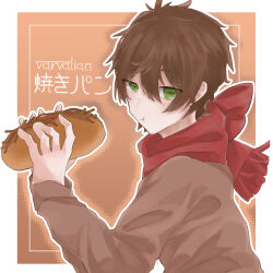 Rule 34 | 1boy, :t, border, bread, brown hair, brown sweater, character name, closed mouth, commentary, double-parted bangs, eating, eyes visible through hair, food, framed, green eyes, hair between eyes, highres, holding, holding food, light brown background, long sleeves, looking at viewer, male focus, name connection, nia~ (nearnear bear), object namesake, outline, outside border, red scarf, scarf, short hair, solo, sweater, tsurime, turning head, upper body, virtual youtuber, white border, white outline, yakipan (vtuber), youtube username, zeta division