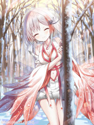 Rule 34 | 1girl, ^ ^, bare shoulders, bare tree, blush, breasts, cleavage, closed eyes, closed mouth, clothing cutout, copyright request, day, detached sleeves, dress, facing viewer, feather-trimmed sleeves, hair ornament, long sleeves, medium breasts, multicolored hair, navel, navel cutout, outdoors, peeking out, red hair, see-through, silver hair, sleeveless, sleeveless dress, smile, snow, solo, standing, streaked hair, sunlight, tears, tree, veil, watermark, white dress, white sleeves, wide sleeves, yuuki rika