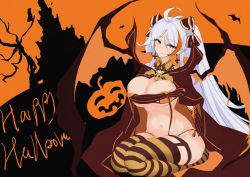 Rule 34 | 1girl, antenna hair, azur lane, bikini, black cape, black gloves, breasts, brown eyes, cape, cleavage, closed mouth, commentary request, cross, cross earrings, earrings, elbow gloves, fang, gloves, hair between eyes, hair ribbon, halloween costume, head tilt, highres, jewelry, large breasts, long hair, looking at viewer, multicolored hair, navel, orange bikini, orange hair, pointy ears, prinz eugen (azur lane), ribbon, side-tie bikini bottom, silver hair, sitting, solo, srpzk, streaked hair, striped clothes, striped thighhighs, swept bangs, swimsuit, thighhighs, thighs, two side up, untied bikini, vampire costume, very long hair