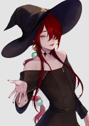 Rule 34 | 1other, androgynous, black dress, black hat, chons12324, crescent, crescent earrings, crimson (ragna crimson), dress, earrings, flat chest, green eyes, grey background, hair between eyes, hair over one eye, hat, heterochromia, highres, jewelry, large hat, lips, long hair, long sleeves, neck tattoo, off-shoulder dress, off shoulder, parted lips, ponytail, ragna crimson, red eyes, red hair, red nails, simple background, strapless, strapless dress, tattoo, very long hair