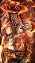 Rule 34 | 1boy, abs, ao 6336, arm tattoo, belt, black hair, black shorts, bracelet, commentary request, fire, freckles, hat, highres, jewelry, log pose, looking to the side, male focus, necklace, one piece, orange belt, orange hat, pearl necklace, portgas d. ace, short hair, shorts, smile, solo, tattoo, topless male