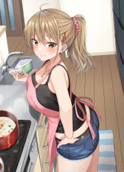 Rule 34 | 1girl, ahoge, apron, ass, back bow, bare arms, bare shoulders, belt, black shirt, blue shorts, blush, bow, breasts, brown eyes, brown hair, camisole, class no gyaru ga nazeka ore no gimai to nakayoku natta., cleavage, closed mouth, cooking, cowboy shot, crop top, cutoffs, denim, denim shorts, floor, hair ornament, hair scrunchie, hairclip, hand on own hip, highres, holding, indoors, jewelry, kitchen, komori kuzuyu, large breasts, long hair, looking at viewer, looking to the side, midriff, mole, mole on breast, mole under eye, necklace, novel illustration, official art, pink apron, pink scrunchie, ponytail, pot, scrunchie, shirt, short shorts, shorts, sink, sleeveless, sleeveless shirt, solo, spaghetti strap, stove, takarai yua, textless version