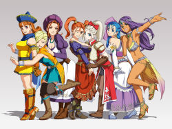 Rule 34 | 6+girls, :d, alena (dq4), ankle boots, arm hug, armlet, armor, armored dress, bianca (dq5), blonde hair, blue eyes, blue hair, boots, bow, bracelet, braid, braided updo, breasts, brown eyes, brown footwear, brown hair, cape, choker, circlet, cleavage, curly hair, dark-skinned female, dark skin, dragon quest, dragon quest heroes, dragon quest iv, dragon quest v, dragon quest viii, dress, earrings, elbow gloves, flora (dq5), gloves, gradient background, hair between eyes, hair bow, hair over shoulder, half updo, hat, highres, hug, jessica albert, jewelry, julietta (dqh), knee boots, large breasts, loincloth, long hair, looking at viewer, looking back, manya (dq4), masayan (minor-ms), meer (dqh), midriff, multiple girls, necklace, no legwear, one eye closed, open mouth, orange hair, outstretched arm, pantyhose, pelvic curtain, ponytail, purple eyes, purple hair, purple shirt, red eyes, shirt, short dress, short twintails, single braid, smile, thighhighs, twintails, wink, yellow footwear