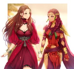 Rule 34 | 2girls, absurdres, bad source, bracelet, braid, breasts, brown hair, cleavage cutout, clothing cutout, commission, commissioner upload, dorothea arnault, fire emblem, fire emblem: three houses, fire emblem warriors: three hopes, gao kawa, green eyes, highres, holding hands, jewelry, looking at another, medium breasts, multiple braids, multiple girls, navel, nintendo, official alternate costume, official alternate hairstyle, petra macneary, purple hair, skeb commission, yuri
