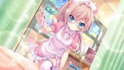 Rule 34 | 1girl, ahoge, basket, bespectacled, blue eyes, blue sky, blush, breasts, closed mouth, cloud, cup, curtains, day, dot nose, dress, dutch angle, film grain, game cg, garter straps, glasses, hair ornament, hairclip, hat, heart, himura nagisa, holding, holding thermometer, indoors, izumi tsubasu, lens flare, long hair, looking at viewer, medium breasts, non-web source, nurse cap, official art, pen, pink dress, pink hair, pink wristband, poster (object), purple-framed eyewear, re:stage!, short sleeves, sky, smile, solo, sparkle, thermometer, thighhighs, tree, white thighhighs, window