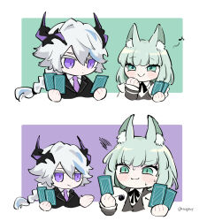 Rule 34 | 1boy, 1girl, :3, animal ear fluff, animal ears, arknights, black bow, black bowtie, black jacket, blush, bow, bowtie, brown vest, card, cat ears, cat girl, chibi, commentary request, dragon horns, green background, green eyes, hand up, harmonie (arknights), holding, holding card, hood, hooded jacket, horns, jacket, necktie, nervous, nervous sweating, playing card, purple background, purple eyes, purple necktie, puzzle (arknights), shirt, signature, smug, soppos, surprised, sweat, vest, white background, white jacket, white shirt