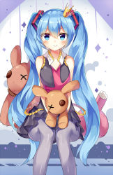 1girl blue_eyes blue_hair crown female_focus hatsune_miku kimagure_mercy_(vocaloid) long_hair looking_at_viewer mini_crown pantyhose peanuts_(asd313175) sitting skirt smile solo stuffed_animal stuffed_rabbit stuffed_toy twintails v-shaped_eyebrows very_long_hair vocaloid