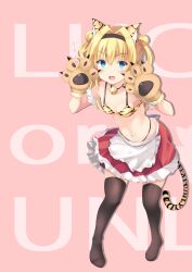 Rule 34 | 1girl, 2022, animal ears, animal hands, apron, black hairband, black panties, black thighhighs, blonde hair, blue eyes, blush, bra, breasts, chinese zodiac, chitose sana, cleavage, collarbone, commentary request, commission, curvy, double-parted bangs, double bun, eyes visible through hair, fake animal ears, fake tail, feet, frilled apron, frilled skirt, frills, full body, gloves, hair between eyes, hair bun, hair intakes, hairband, hands up, highleg, highleg panties, highres, legs, long hair, looking at viewer, miniskirt, navel, no shoes, open mouth, panties, paw gloves, paw pose, pink hair, purunyara, red skirt, simple background, skeb commission, skindentation, skirt, small breasts, smile, solo, standing, stomach, tail, tenshinranman, thighhighs, thighs, tiger ears, tiger stripes, tiger tail, two side up, underwear, v-shaped eyebrows, white apron, year of the tiger, yellow bra, zettai ryouiki