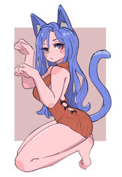 Rule 34 | 1girl, amazu (kurozu), animal ear fluff, animal ears, arm up, bare arms, bare legs, bare shoulders, barefoot, blue hair, blush, borrowed character, brown background, cat ears, cat girl, cat tail, closed mouth, commentary, commission, english commentary, full body, hand up, highres, kneeling, long hair, looking at viewer, looking to the side, original, parted bangs, paw pose, red eyes, red sweater, sleeveless, sleeveless turtleneck, solo, sweater, tail, thick eyebrows, turtleneck, turtleneck sweater, two-tone background, very long hair, white background