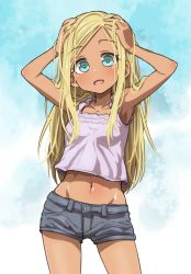 Rule 34 | 10s, 1girl, :d, armpits, arms up, blonde hair, blue eyes, breasts, bright pupils, camisole, contrapposto, cowboy shot, crop top, dark skin, dark-skinned female, denim, denim shorts, gazacy (dai), hands on own head, highres, idolmaster, idolmaster cinderella girls, layla (idolmaster), long hair, looking at viewer, midriff, navel, open mouth, short shorts, shorts, sidelocks, small breasts, smile, solo, standing