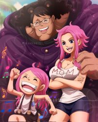 Rule 34 | 1boy, 2girls, age difference, aged down, alternate universe, artist name, bartholomew kuma, breasts, child, clenched hands, crossed arms, dancing, day, family, father and daughter, freckles, ginny (one piece), happy, highres, jewelry bonney, jumping, large breasts, long hair, looking at another, medium hair, midriff, mother and daughter, multiple girls, no bra, one piece, print shirt, rakara11 (rakkarts), shirt, short shorts, shorts, simple background, size difference, sky, smile, time paradox, twitter username, wide hips