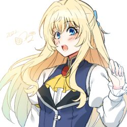 Rule 34 | 1girl, :o, alternate costume, ascot, blonde hair, blue eyes, blush, breasts, gem, goblin slayer!, hand up, juliet sleeves, kankitukou, long hair, long sleeves, priestess (goblin slayer!), puffy sleeves, simple background, small breasts, solo, teeth, white background, yellow ascot